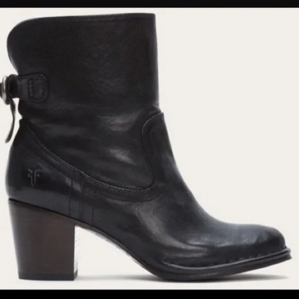 Frye Lucinda Black Leather Ankle Block Heel Booties
